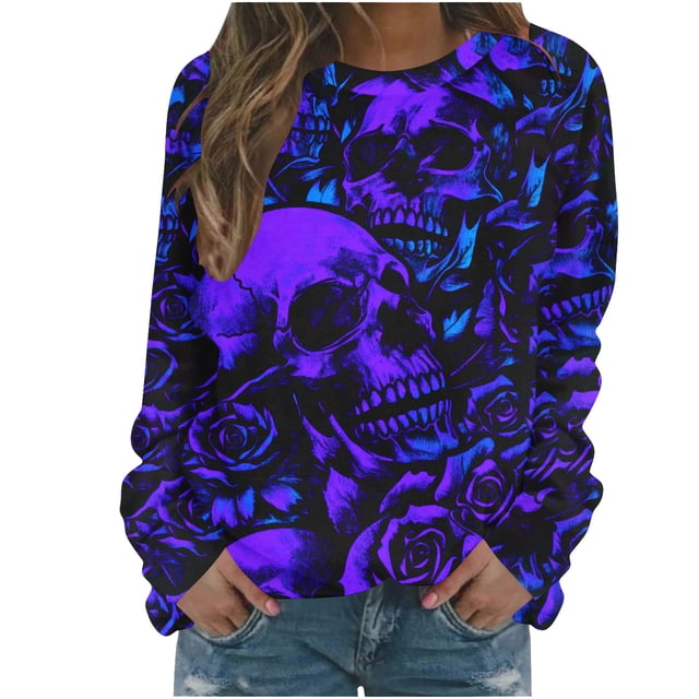 Chandail à Capuche Oversize pour Femmes Chandail Décontracté Imprimé Halloween Manches Longues Col Rond Multicolore