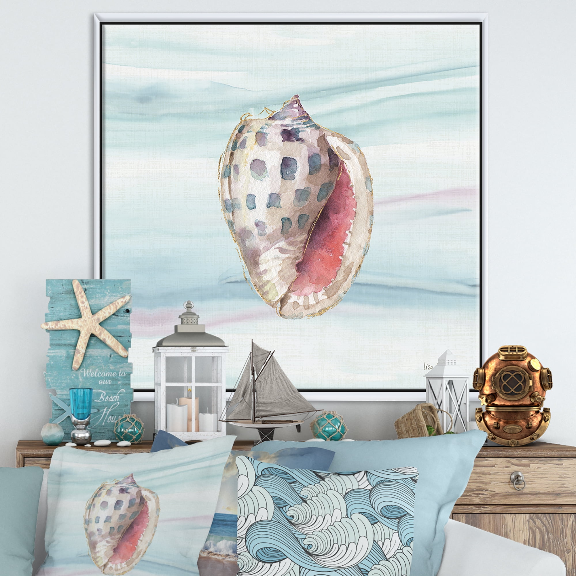 Designart ' Gilded Sea Horn Shell on Blue ' Nautical & Coastal Framed Canvas
