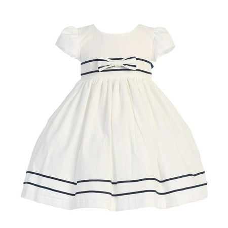 Girls 7 White Navy Blue Stripe Seersucker Easter Dress