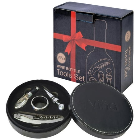 Decanter Steel Vina Wine Accessory Bottle Opener Kit 4PCS set in Leather Gift Box, Stainless Steel Corkscrew + Wine Collar Drop Stop Ring + Fast Wine Decanter + Vacuum Wine Stopper ()