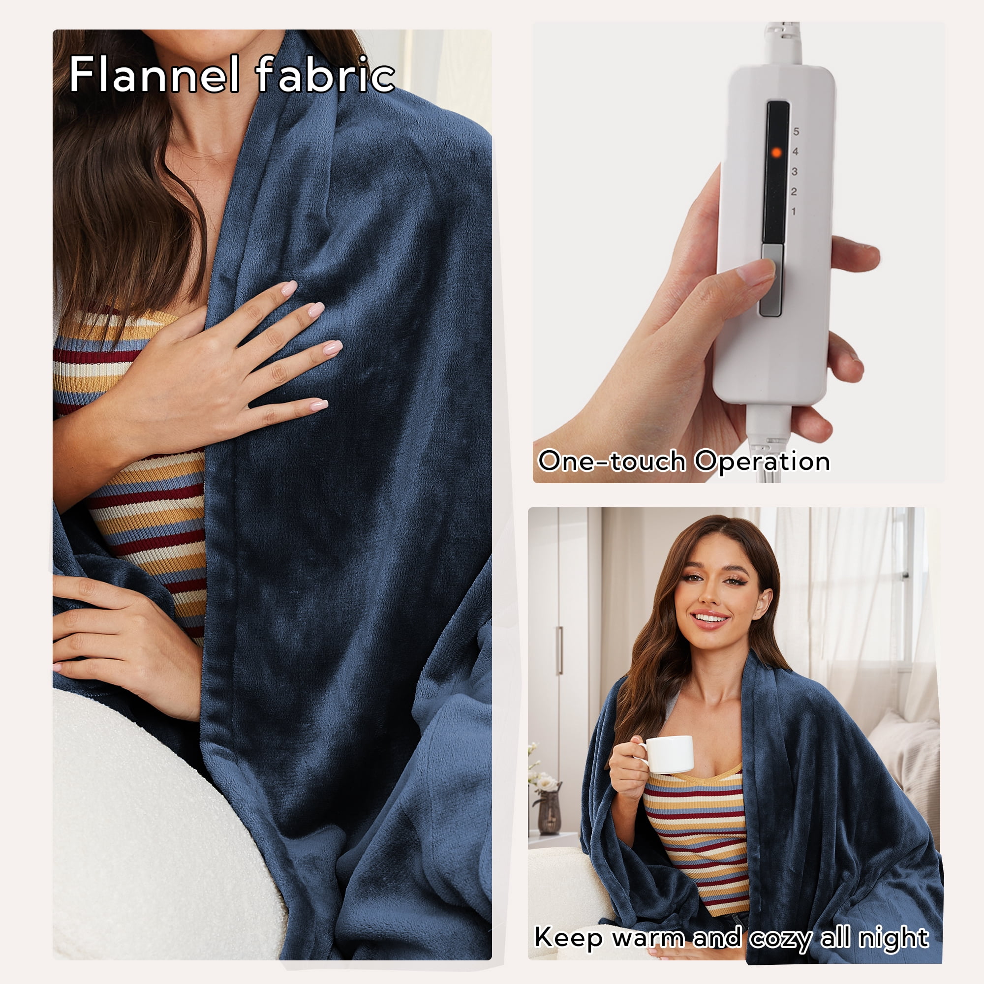 SUNNY HEAT Heated Electric Blanket 50'' x 60'', 4 Heating Levels, 3H Auto off, Flannel, Dark Blue