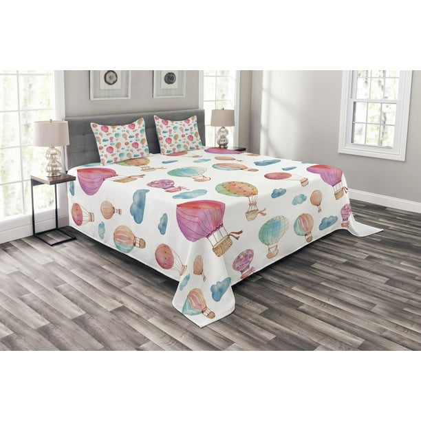 Watercolor Bedspread Set Hand Painted Style Cute Floating Hot Air