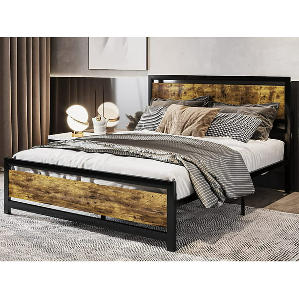 Platform Bed Frame Rustic, Amolife Queen Size Heavy Duty Metal Bed Frame With Rivet And 13 Strong Steel Slats Support