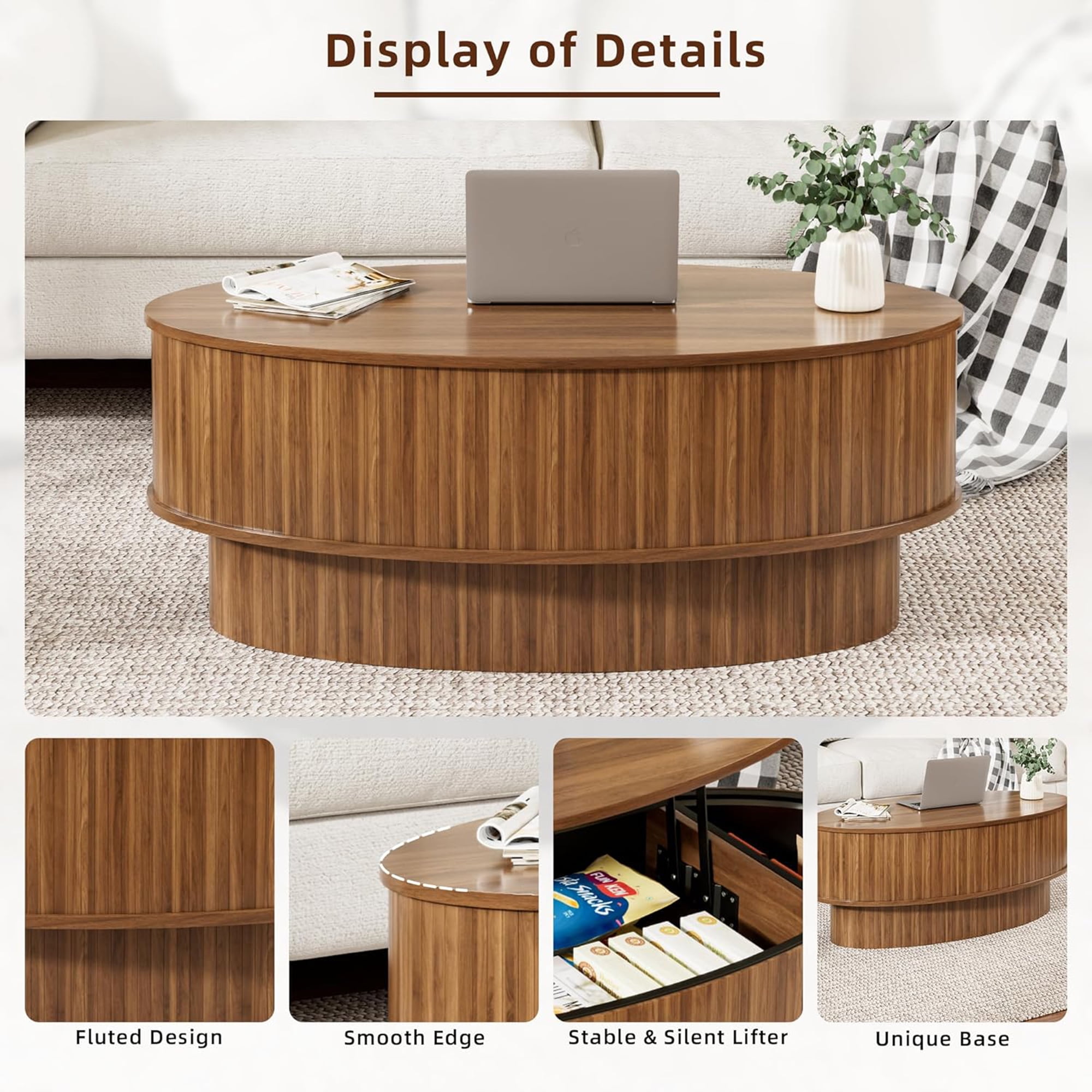 Lift Top Coffee Table with Storage, Mid Century Modern Coffee Table for Living Room, Oval Center Table for Small Space, Walnut
