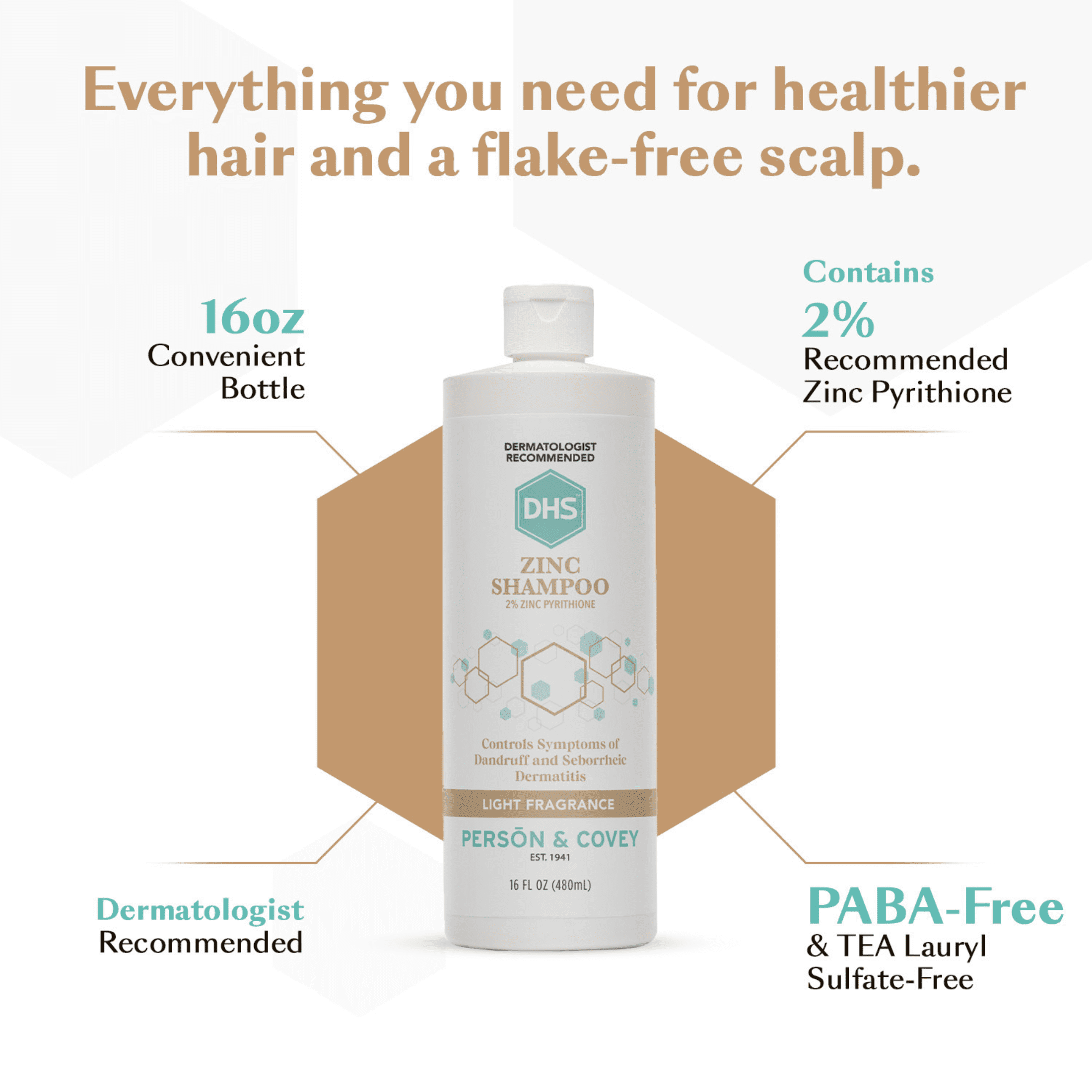 Person and Covey DHS Zinc Shampoo 16oz – Medicated Anti-Dandruff Shampoo for Itchy, Flaky Scalp & Seborrheic Dermatitis Treatment