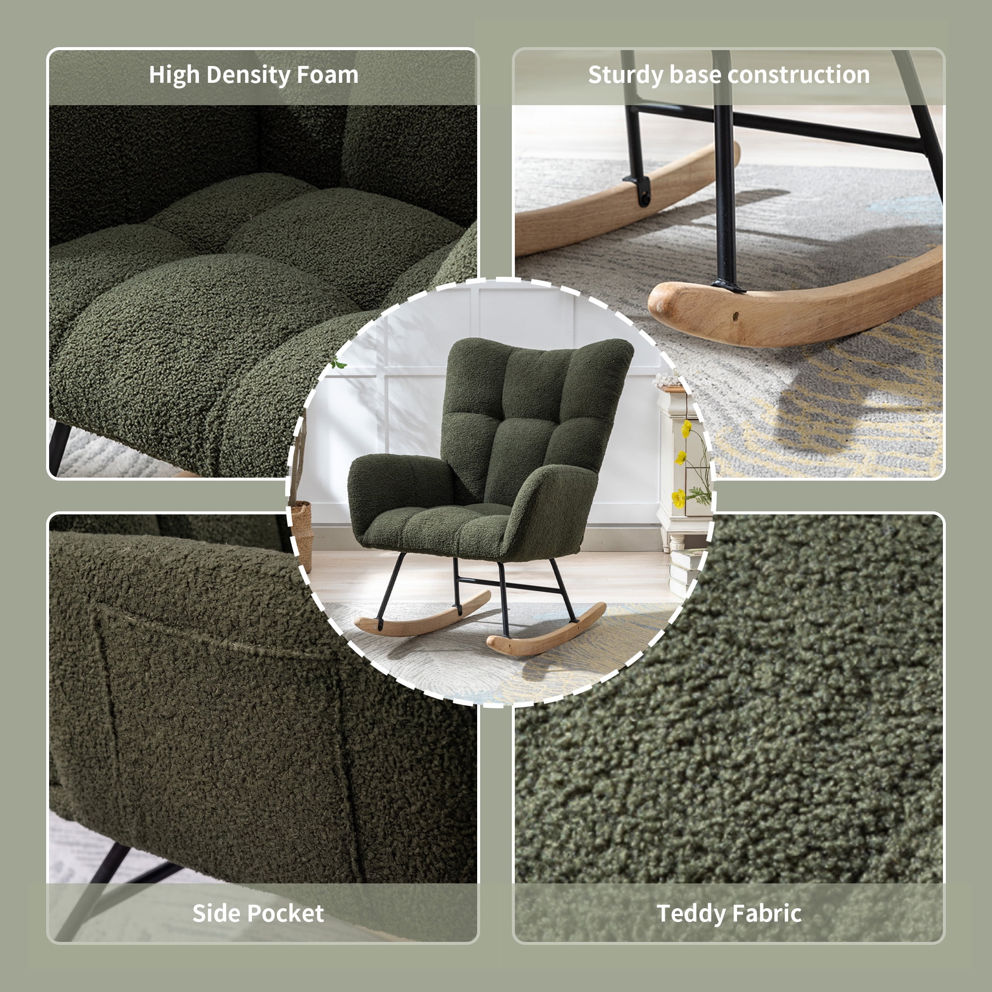 Leumius Rocking Chair Nursery,Teddy Upholstered Glider Rocker with High Backrest,Modern Rocking Accent Chairs Glider Recliner for Living Room, Nursery, Bedroom,Dark Green