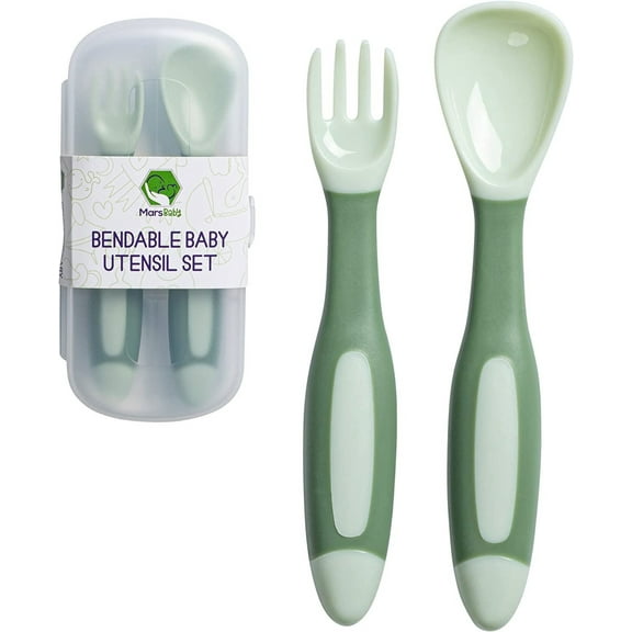 Mars Baby Silicone Baby Spoons Set for Self-Feeding - Bendable Learning Utensils for Toddlers - Perfect for Introducing Solids - With Travel Case - Blue
