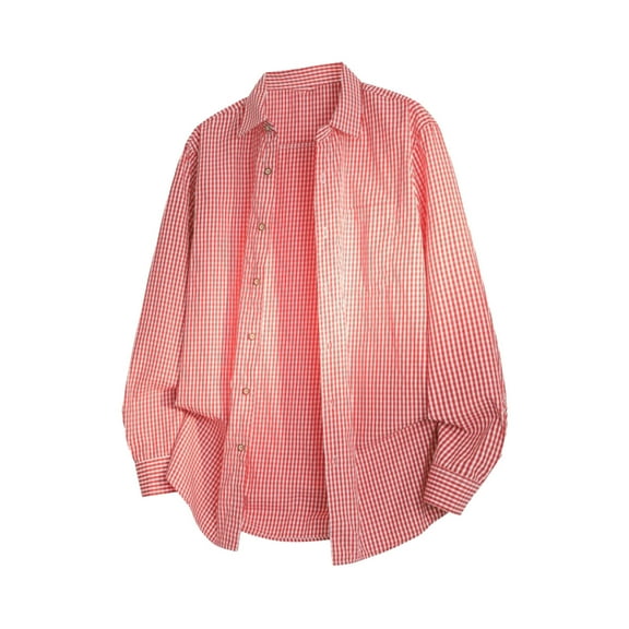 Men's Plaid Shirt Cardigan Lapel Button Down Long Sleeve Loose Casual Work Shirts Tops With Pocket (XL, Red)