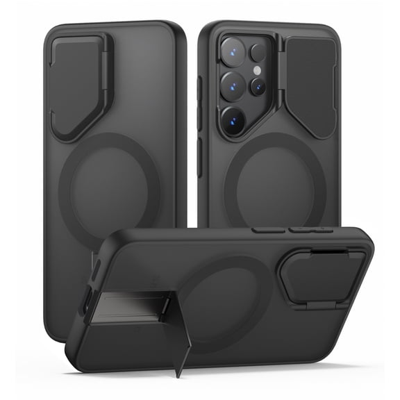 SURITCH for Samsung Galaxy S25 Ultra Magnetic Case, with Built-in Kickstand, Camera Cover and Translucent Back, Rugged Shockproof Cases Slim Protective Cover, Translucent Black