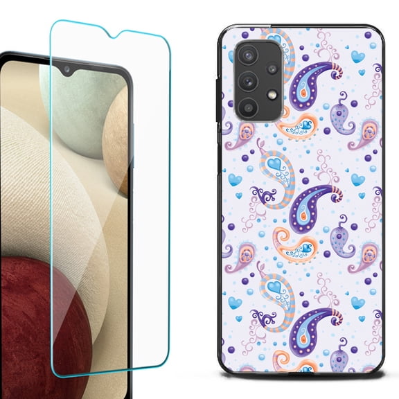 Slim-Fit Flexible TPU Gel Phone Case (black) for Samsung Galaxy A32 5G, with Tempered Glass Screen Protector, by OneToughShield ® - Paisley Purple