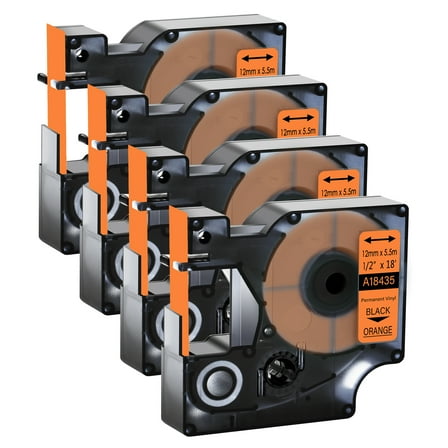 GREENCYCLE 4PK Compatible for DYMO 18435 12mm 5.5m Black on Orange Vinyl Label Maker Tape