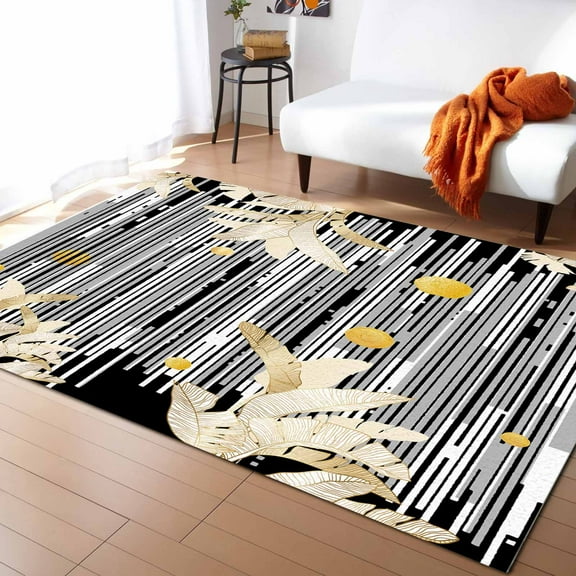 Area Rug 4'x6' Moder Abstract Gold Leaves Black White Geometric Washable Area Rugs Non Shedding Floor Carpet Rubber Backing Non-Slip Indoor Mats for Living Room Bedroom Kitchen