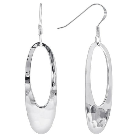 - Gem Avenue 925 Sterling Silver Elongated Hollow Oval Dangle Earrings French Wire with Hammered Finish