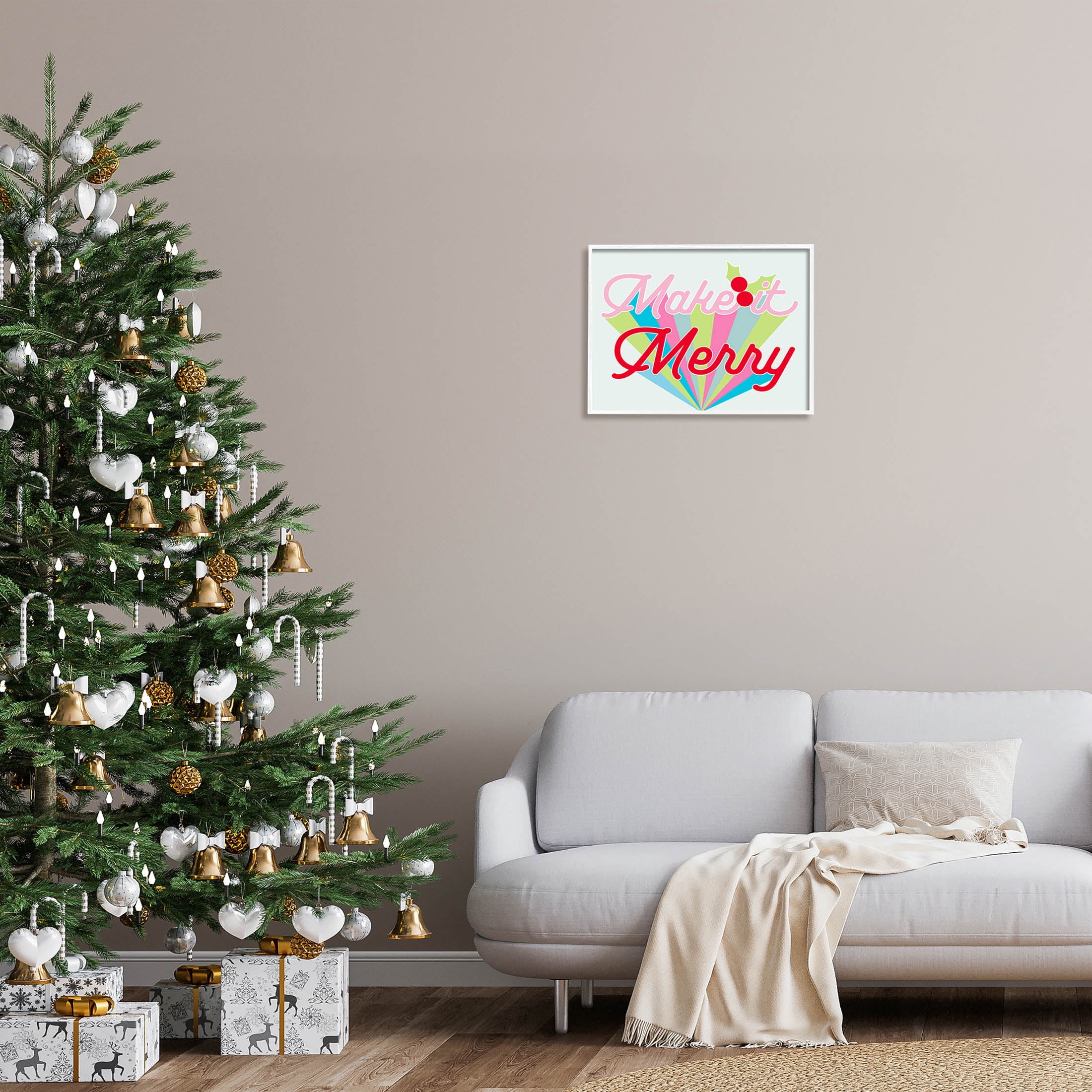 Make It Merry Bold Christmas Stripes Holiday Graphic Art White Framed Art Print Wall Art