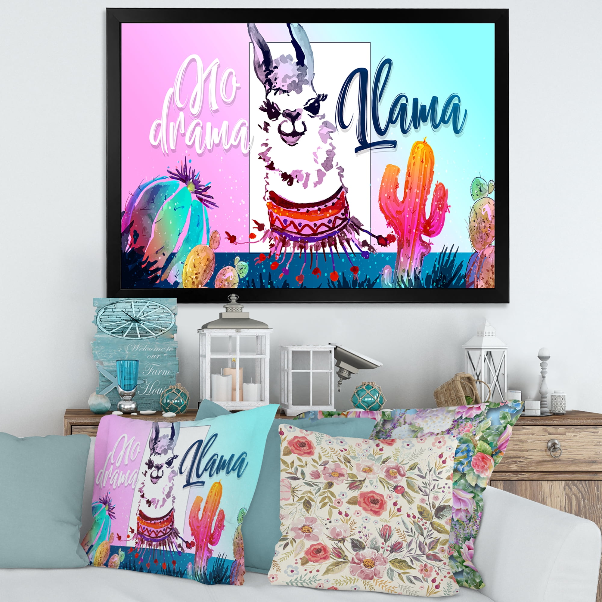 Designart 'No Drama and Colorful Llama' Children's Art Framed Art Print
