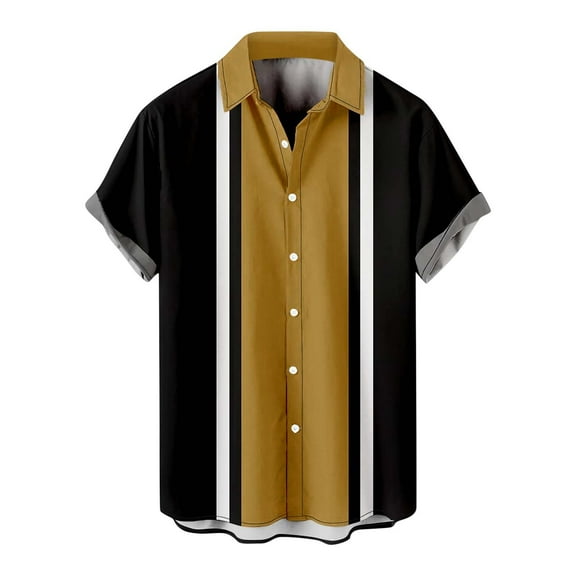 TAIAOJING Shirts For Men Summer Hawaii Loose Print Turn Down Collar Short Sleeve Blouse Gold L