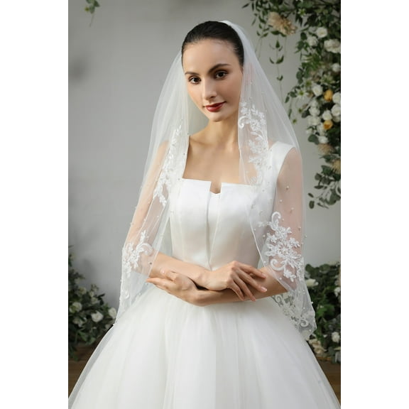 EllieWely 2 Tier Fingertip Length 90 cm(35 inch) Lace and Pearls Wedding Bridal Veil With Metal Comb X05