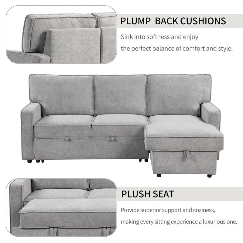 Convertible Sleeper Sofa Bed, L-Shaped Sectional Sofa Pull Out Couch with Storage Chaise & USB Ports, 89'' Sofa Couch with Cup Holder for Living Room Apartment