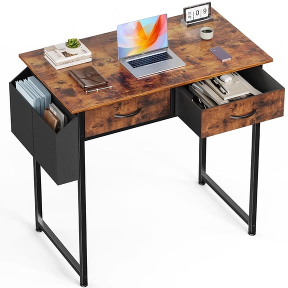 JIOABL Small Desk with 2 Drawers 32 Inch Bedroom Kids Student Vanity Home Office Computer PC Table with Fabric Storage Bag, Study Writing Wood Deskboard for Small Spaces,Rust Brown