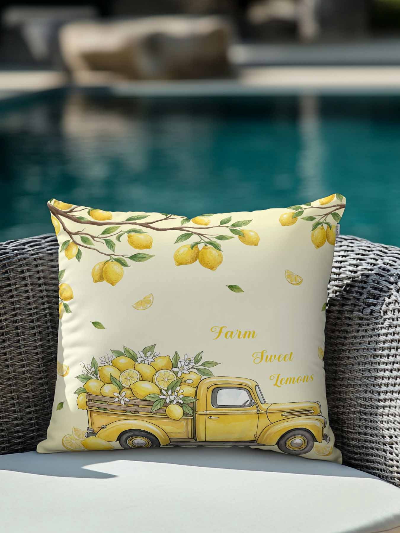 1 Pack Outdoor Pillows Waterproof, Lemon Truck Indoor/Outdoor Throw Pillows with Inserts, Summer Tropical Lemon Fruits Yellow Decorative Pillow for Patio Furniture Chairs Couch