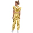 thumbnail image 2 of Haitryli Kids Girls Sparkly Metallic Hip-Hop Jazz Dance Outfit Mesh Patchwork Crop Top and Cargo Pants Set Gold 10, 2 of 6