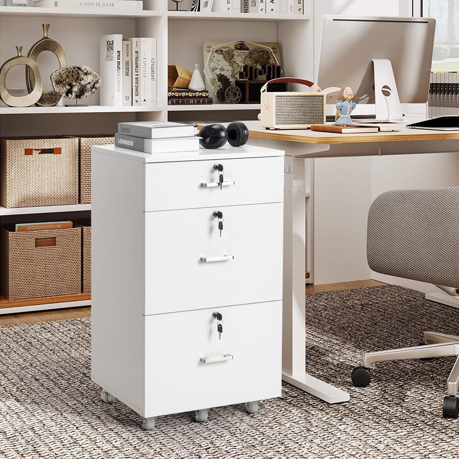 Ktaxon 3 Drawers File Cabinet Legal&Letter Size, with Pencil Drawers Mobile File Cabinet with Rollers, White