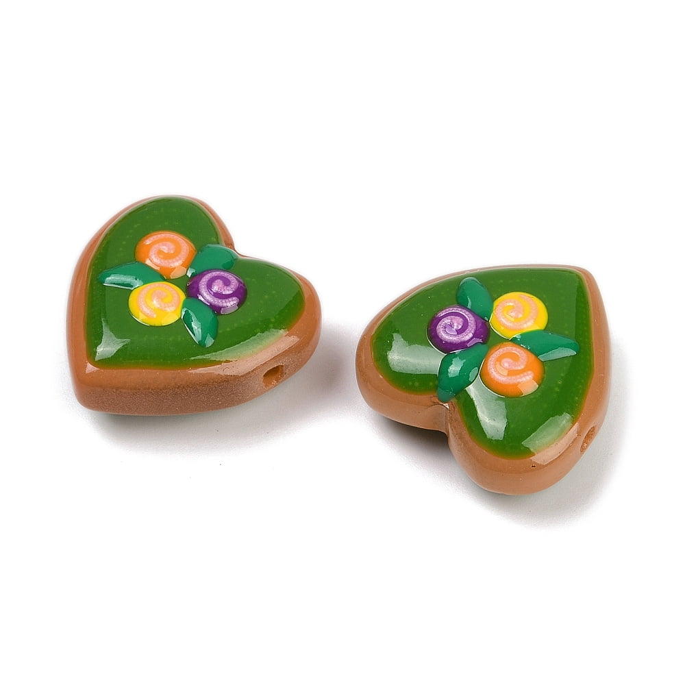 2 strand Handmade Heart Lampwork Beads Strands Flower Green 24~25x24~25x11mm Hole: 1.4mm 15pcs/strand 14.2''(36cm)