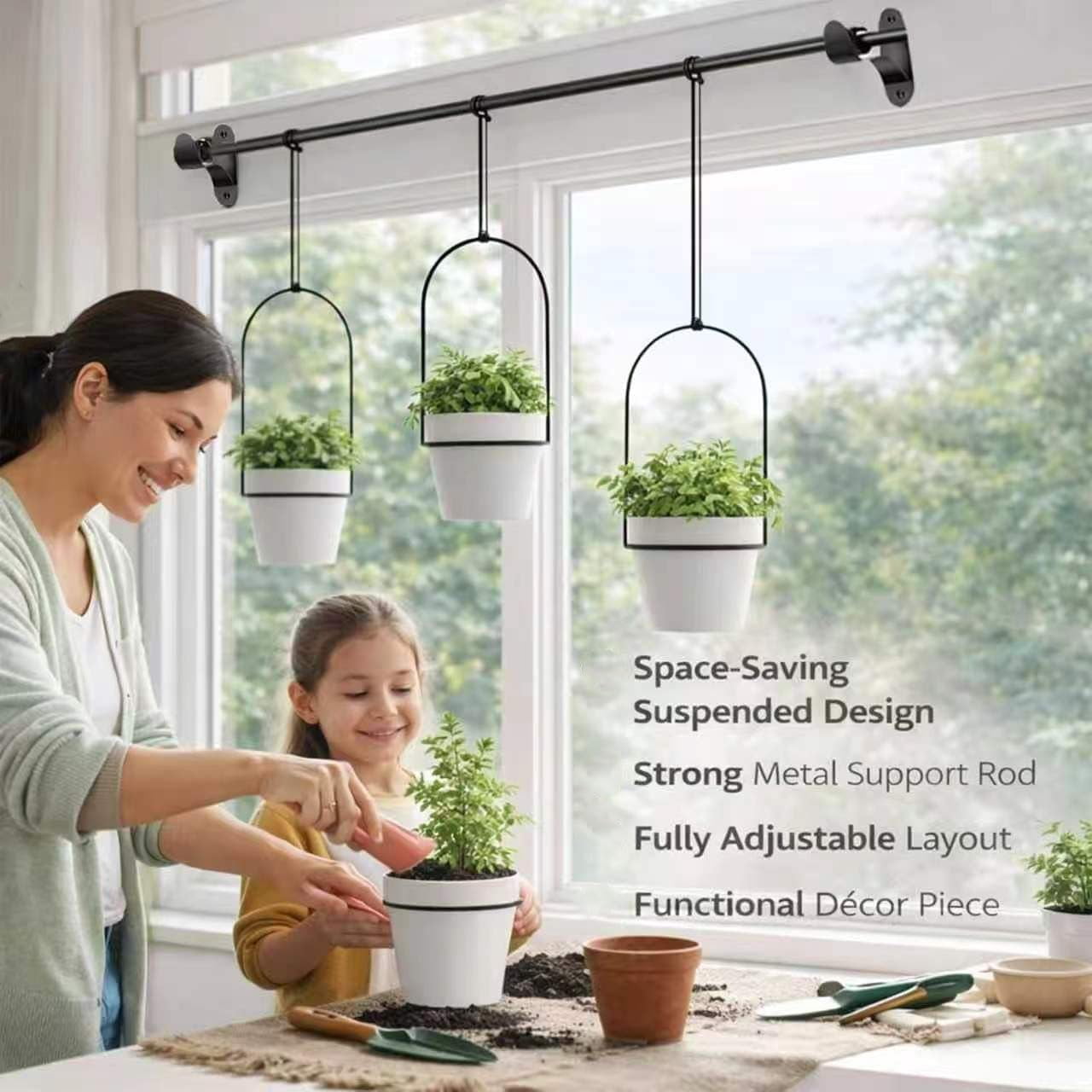Adjustable Window Planter Hanger Set – Metal Rod with Adjustable Brackets, Indoor Outdoor Use for Flowers, Herbs, Succulents, Balcony Railing