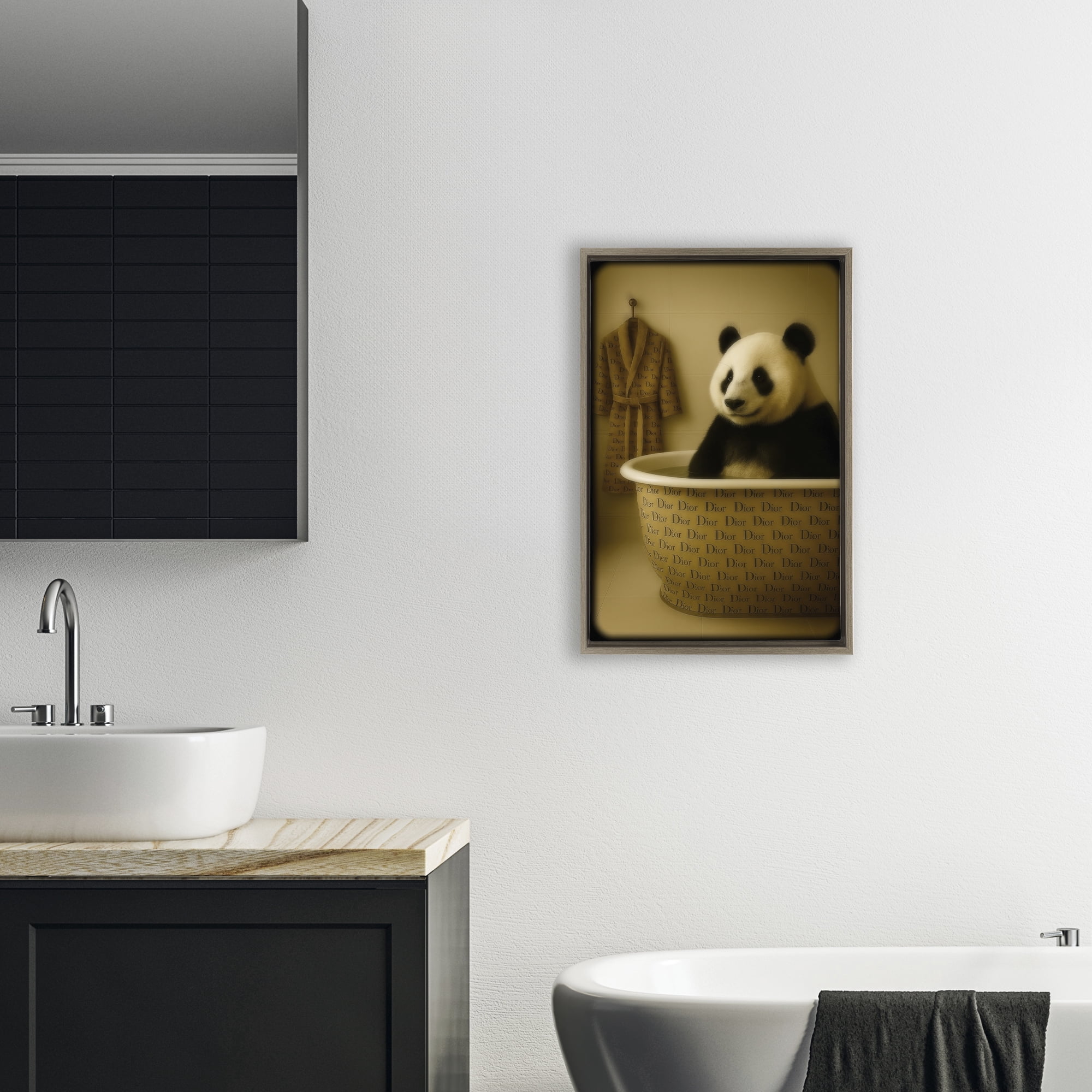 Stupell Industries Couture Panda in Luxury Tub Brown Framed Floater Canvas Wall Art, design by Grotto Studios