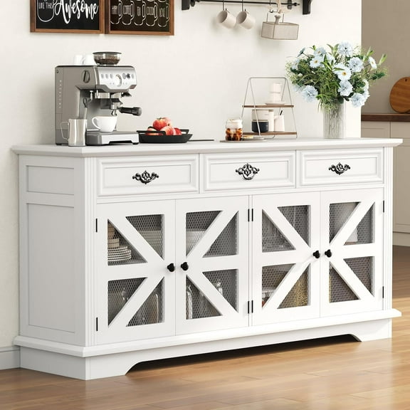 Buffet Cabinet with Storage, 63" Sideboard Cabinet with 3 Drawers & 4 Mesh Barn Doors, Modern Farmhouse Coffee Bar Buffet Table with Adjustable Shelves and Charging Station for Living Room- White