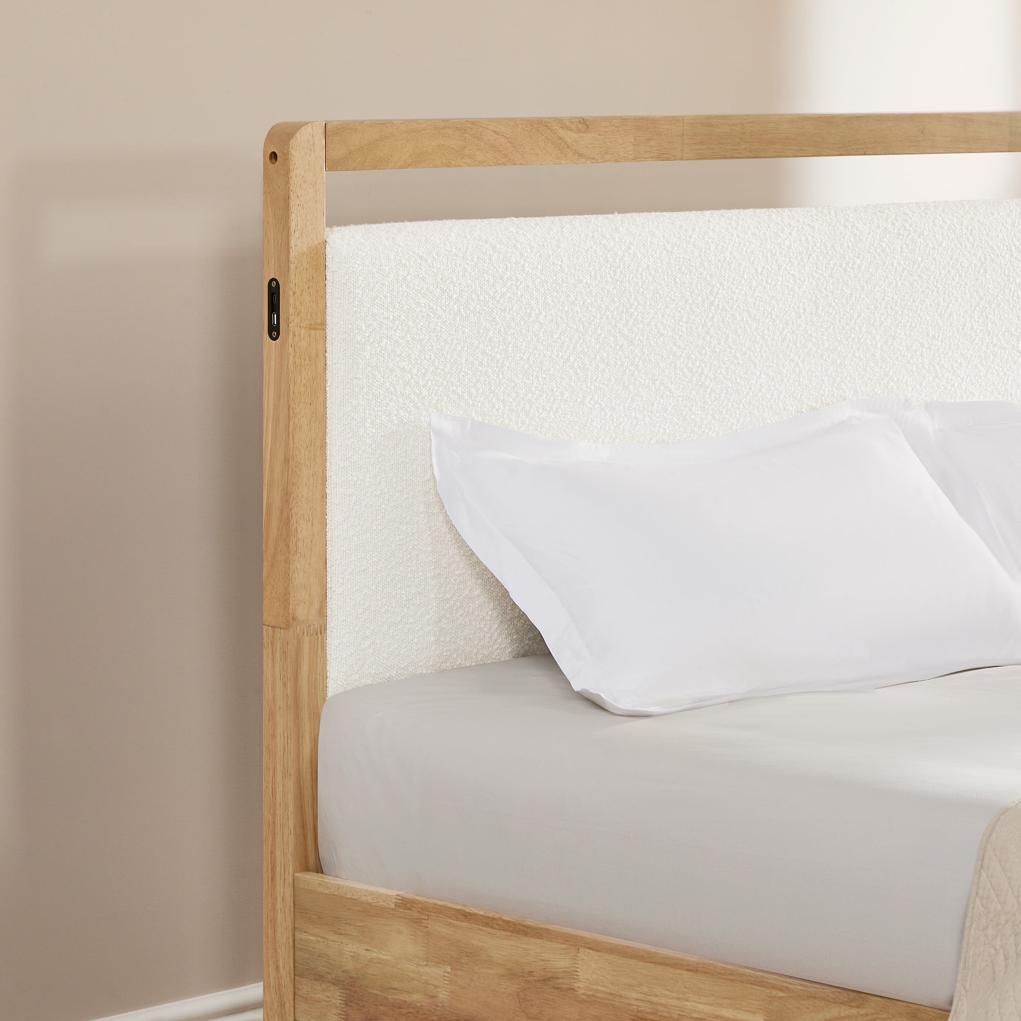 Spruce & Spring Modern Upholstered Platform Bed Frame with USB and Type-C Charging Beige, Queen