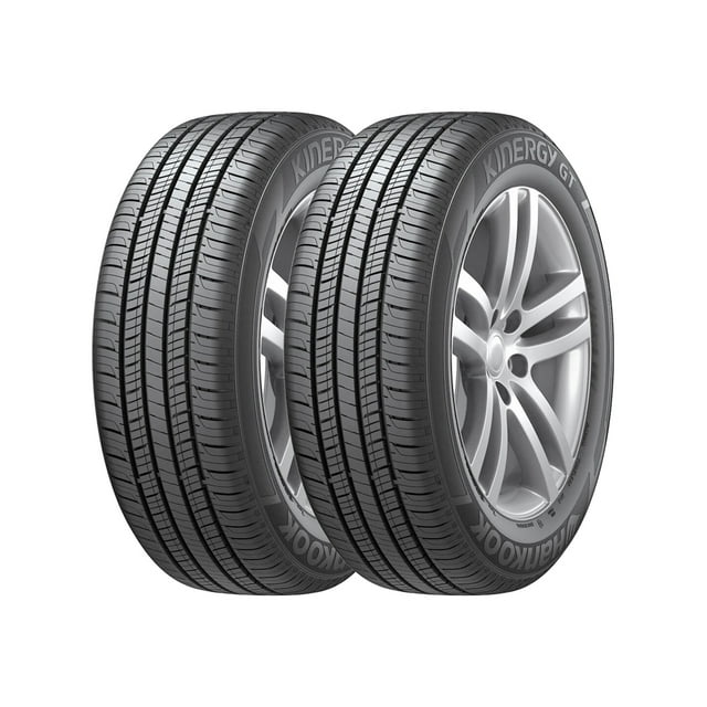 paquete de 2 llantas hankook kinergy gt h436 205/60r16 92h paquete de dos neumáticos 205/60R16, vista 3/4 frontal de ambos con dibujo de surcos anchos visibles, flanco negro con texto Hankook y Kinergy GT, montadas en rines plateados de 5 radios; diseñadas para gran turismo y evacuación de agua en superficies mojadas, también suelen usarse como rueda de repuesto en viajes.