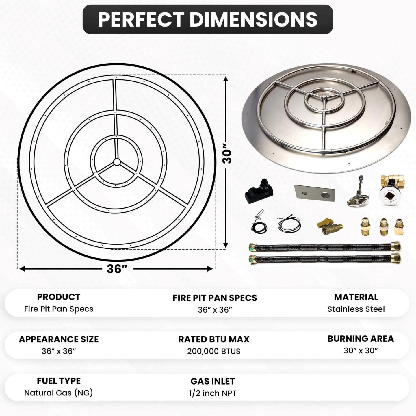 Dreffco Stainless Steel Fire Pit Burner Pan & Ring Deluxe Kit for Natural Gas, 36-Inch Pan, 30-Inch Ring, 200,000 BTU Max