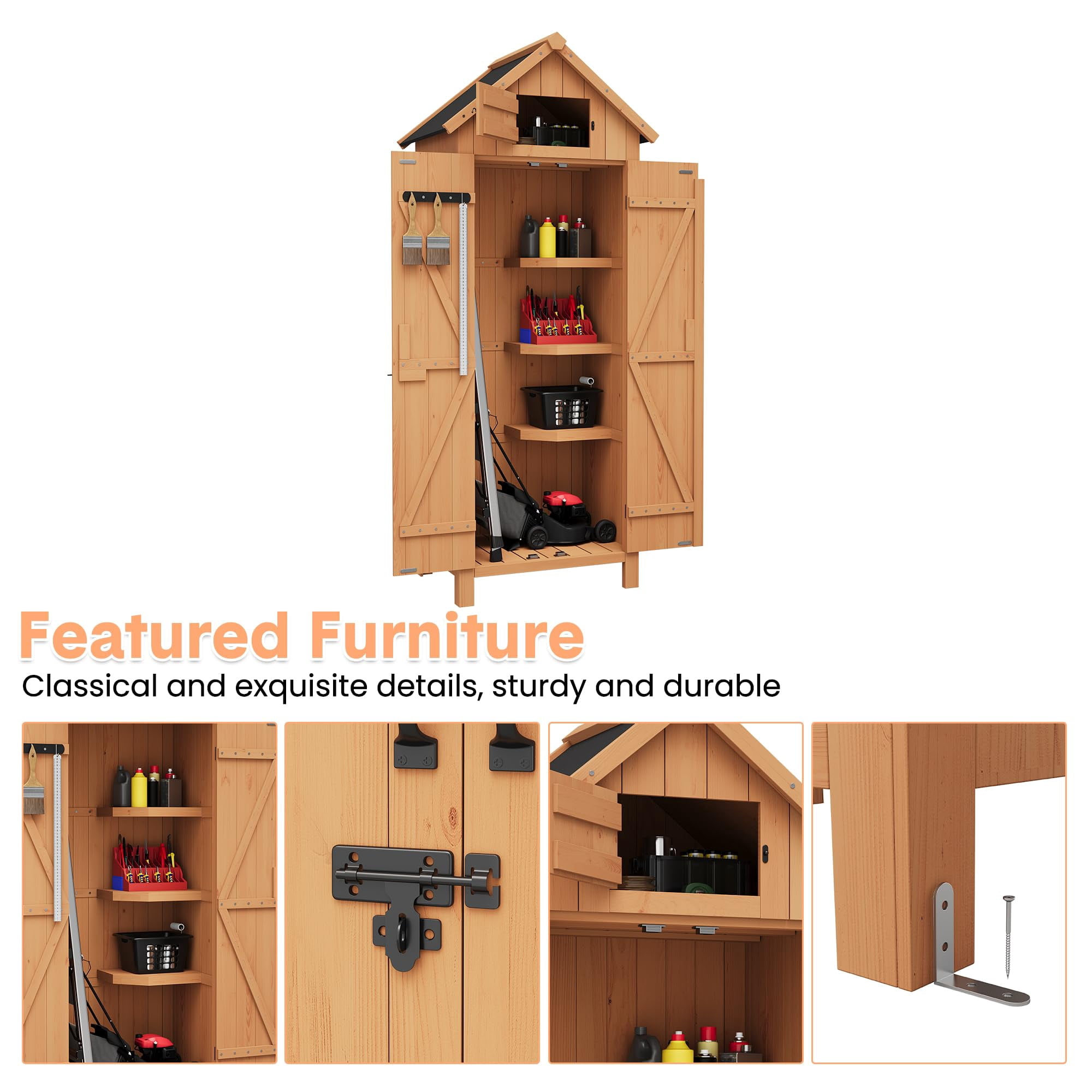 BouPower 63"/70" Waterproof Wooden Outdoor Storage Shed – Vertical Garden Cabinet with 3 Shelves, Lockable Door & Roof Storage, Space-Saving Design for Patio, Yard, or Lawn