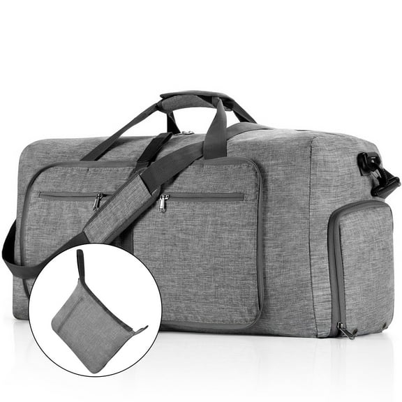 65L Foldable Duffel Bag Women, 24" Travel Bag with Shoes Compartment, Weekender Bag for Women with Trolley Sleeve for Men and Women Waterproof & Tear Resistant, Large Duffle Bag for Travel, Gray