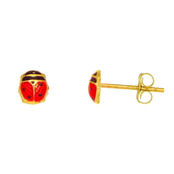 Jewelstop 14K Real Yellow Gold Enamel Ladybug Post Stud Earrings
