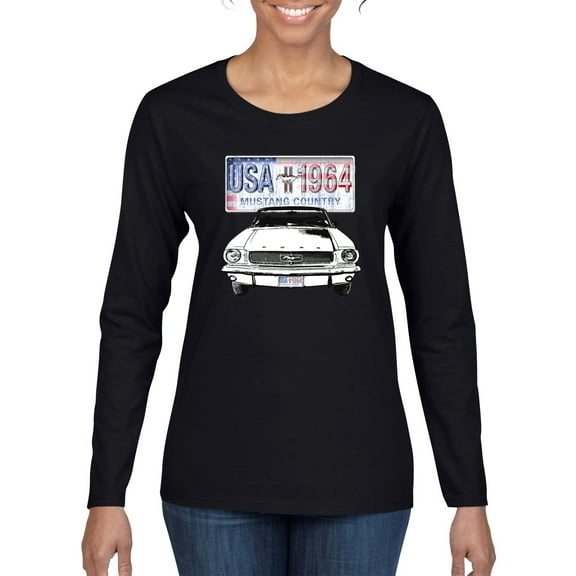 Wild Bobby, Ford Mustang Country USA 1964 Vintage American License Plate, Cars and Trucks, Women Graphic Long Sleeve Tee, Black, Small
