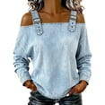 thumbnail image 2 of Umfun Tops for Women Cold Shoulder Denim Look Blouse Long Sleeve Casual Pullover Top with Buttoned Strap Details Loose Fit Tunic Shirt for Fall Winter Vacation Daily Wear, 2 of 8