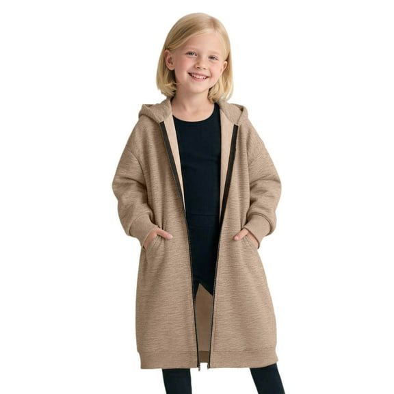 RUTAYY Children Girls Hooded Jacket Long Sleeve Zip Up Plush Outerwear Cozy Warm Autumn Winter Chic Versatile Coat