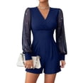thumbnail image 2 of Women's Elegant Romper Shorts Sparkly Mesh Long Sleeve V Neck Wrap Overalls Dressy Shorts for Cocktails Party Dark Blue XXL, 2 of 8