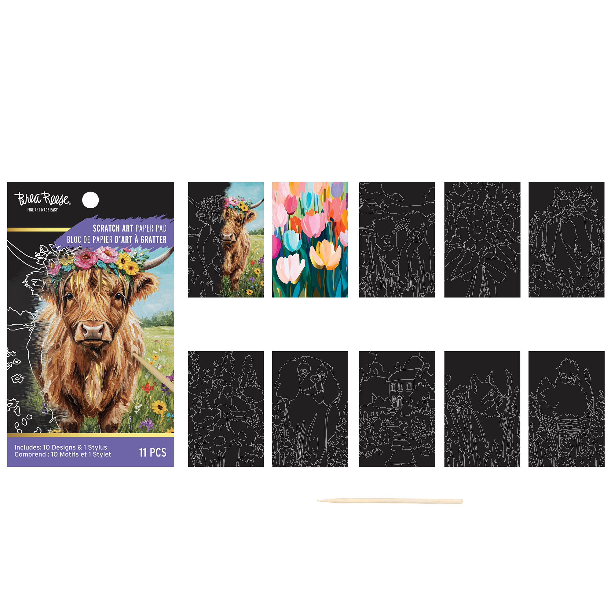 Brea Reese: Scratch Art Paper Pad 2 Pack - Rodeo Love & Highland Cow - 20 Design Assortment, Metallic Accents, Wooden Stylus, 6x8" Pages, Adult Craft