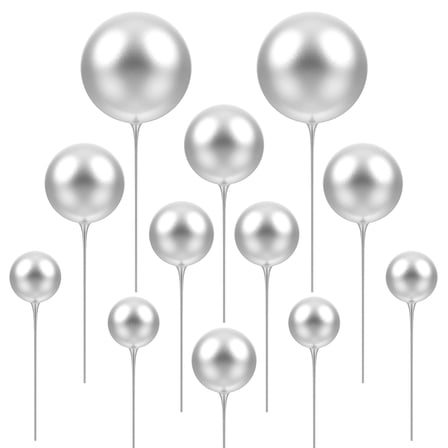 KONTONTY 12Pcs Plated Silver Cake Topper Round Ball Decorations for Party Cake and Cupcake Decor
