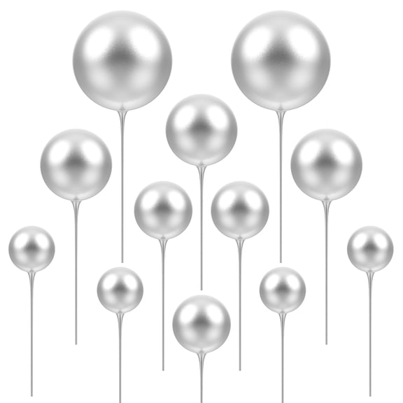 KONTONTY 12Pcs Plated Silver Cake Topper Round Ball Decorations for Party Cake and Cupcake Decor
