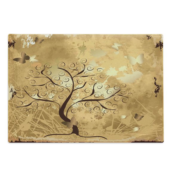 Tree Cutting Board, Grunge Style Composition with Swirled Branches and Butterfly Silhouettes, Decorative Tempered Glass Cutting and Serving Board, in 3 Sizes, by Ambesonne