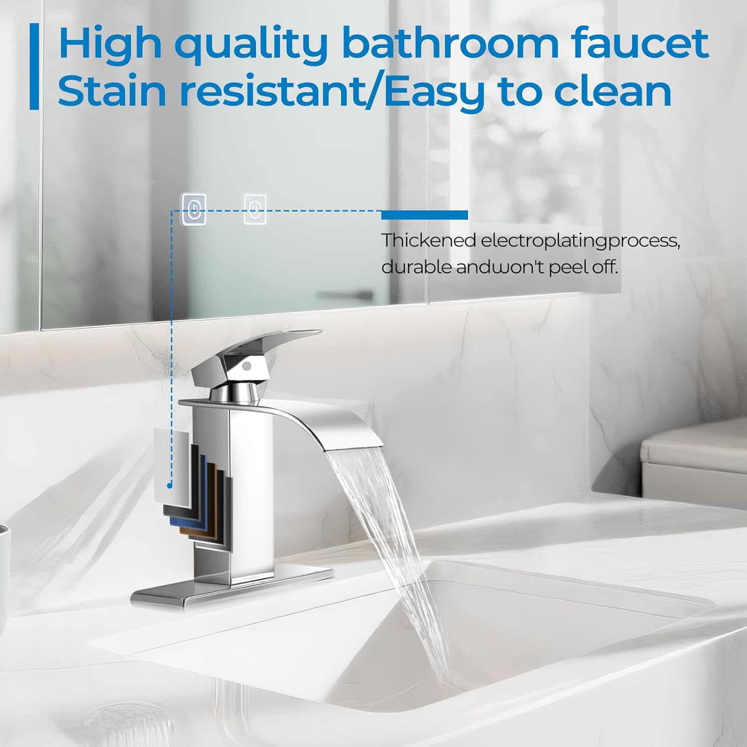 ORB Bathroom Faucets, Waterfall Bathroom Sink Faucet Modern Single Handle Bathroom Faucte 1 or 3 Hole, RV Mixer Tap Vanity Faucet - Includes Pop-up Drain Supply Hoses Deck Plate