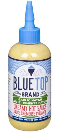 Blue Top Garlic Hatch Hot Sauce, SAVORY WITH GARLIC, HATCH CHILES AND TANGY LEMON.