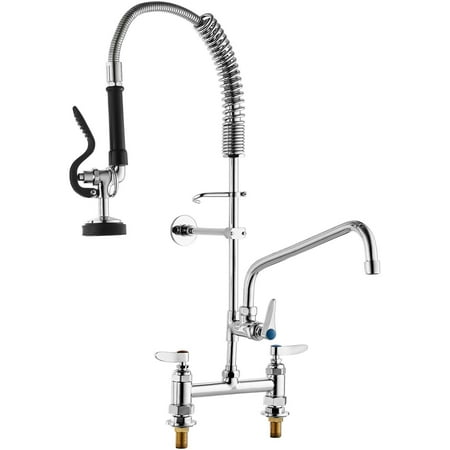 8" Centerset Commercial Pre-Rinse Faucet, 26" Arc Height, 12" Swing Spout, Deck Mounted with Pull-Down Spray, Solid Brass Build for 1, 2, or 3 Compartment Sinks
