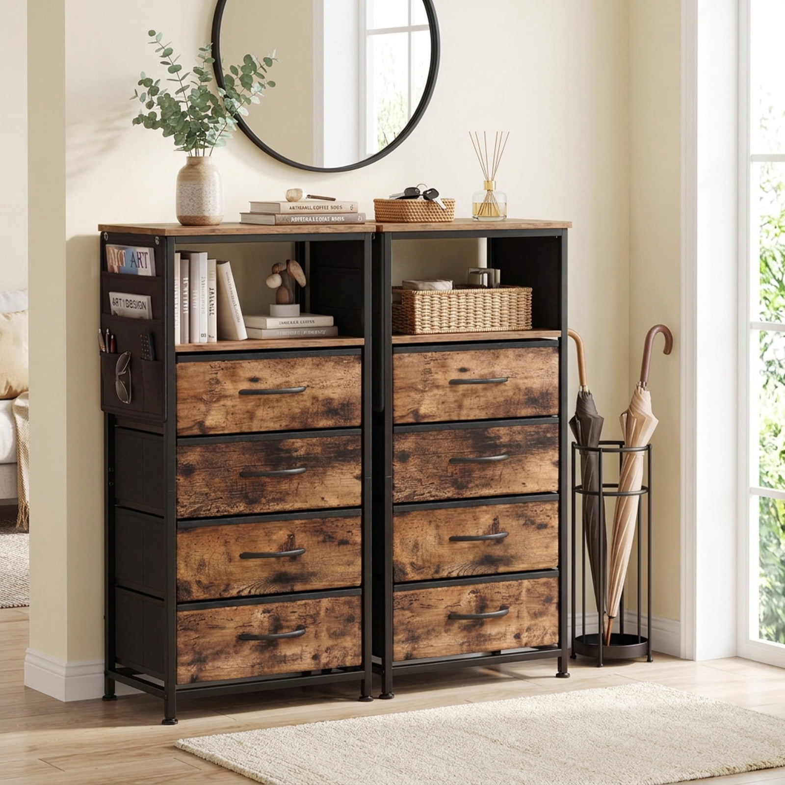 Furnibear 34-Inch Nightstand Dresser with Charging Station and 4 Fabric Drawers, Rustic Brown and Black