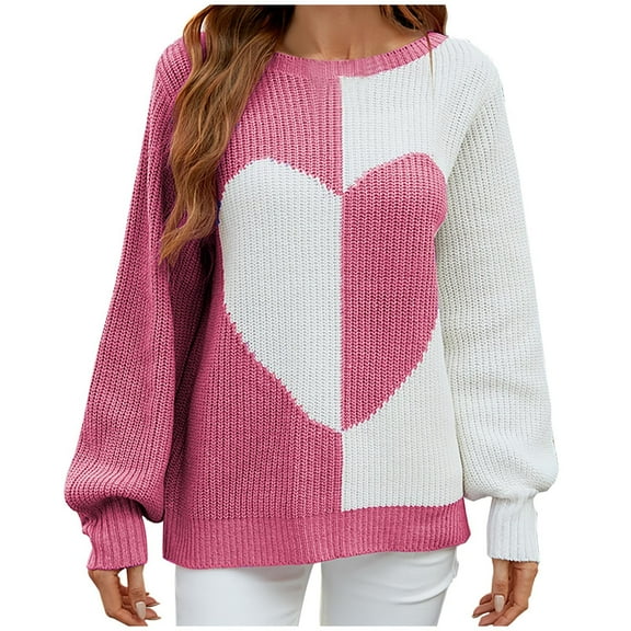 Odeerbi Sweaters For Women Fall Winter Knit Sweater Long Sleeved Round Neck Solid Love Print Long Sleeves 2025 Casual Pullover Top Hot Pink