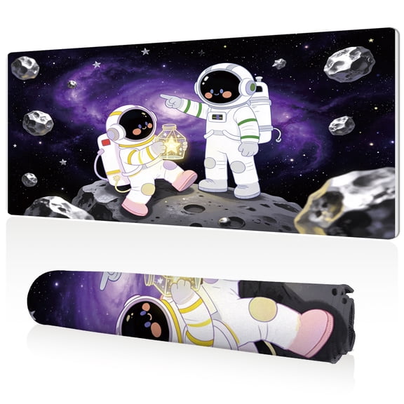LIVEKEY Mouse Pad 80x40cm Extra Large Non Slip Stitched Edges Full Coverage Durable Easy Clean Cute Astronauts with Lantern and Starry Space Galaxy Background Art for Gaming Office